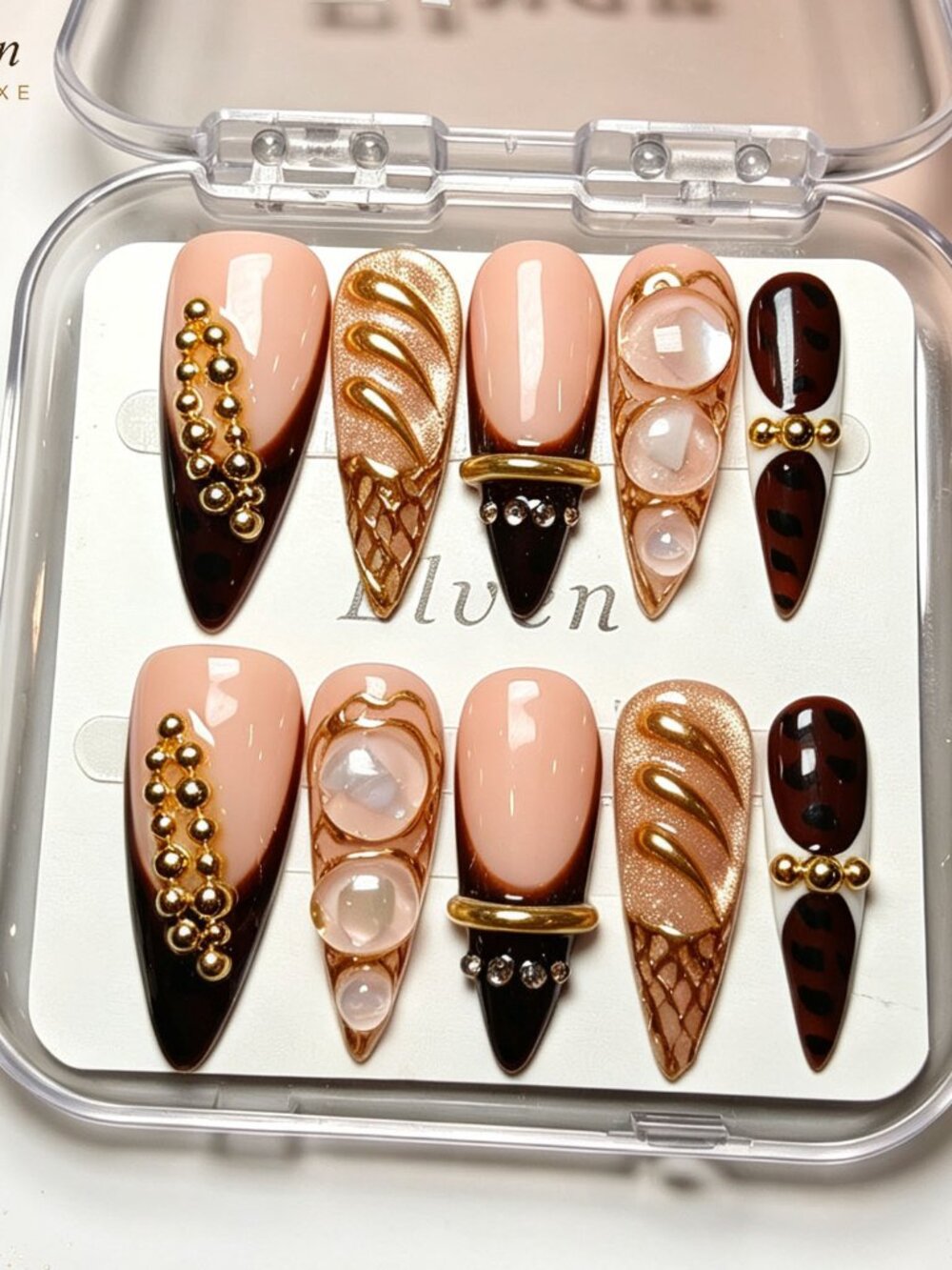 Fall Handmade Press On Nails Long Stiletto Tortoise Shell Gold 3D Metal Bead Gem
